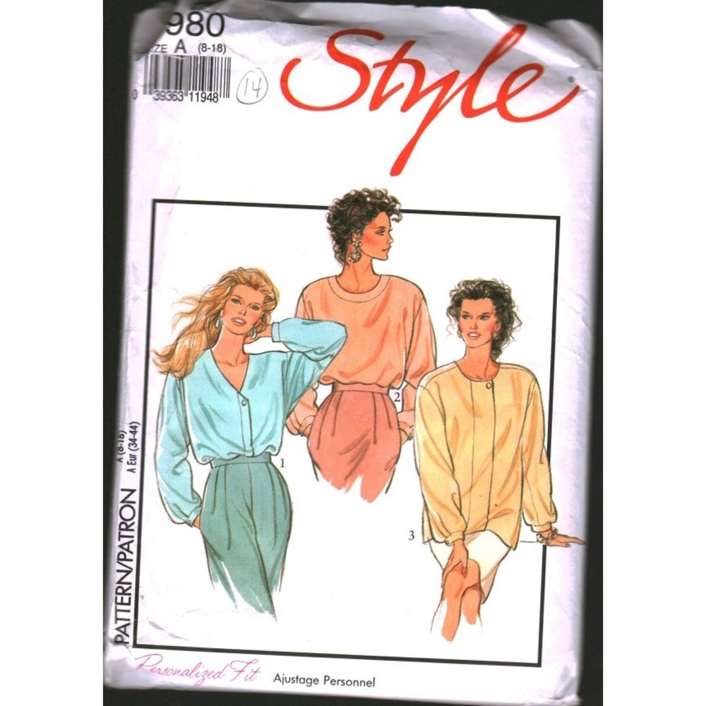 Style 1980 Sewing Pattern Misses Tops V-Neck Back Button Size 8-14‎ Vintage 80s